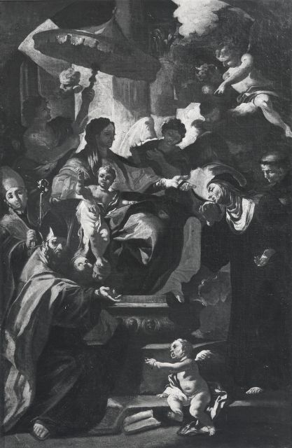 Anonimo — Anonimo - sec. XVIII - Madonna con Bambino in trono, santa Monica, sant'Agostino e angeli — insieme